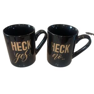 Two 10 Strawberry Street Couple Coffee Tea Mugs Cups Black Gold Heck Yes Heck No
